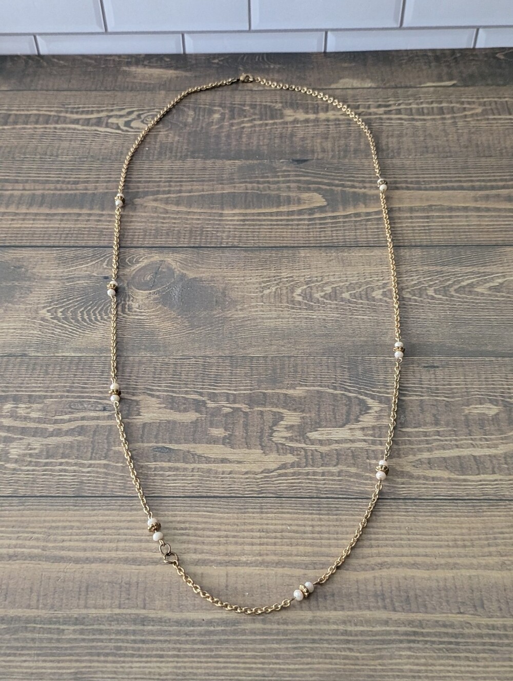 Vintage gold pearl station necklace Single or Layered